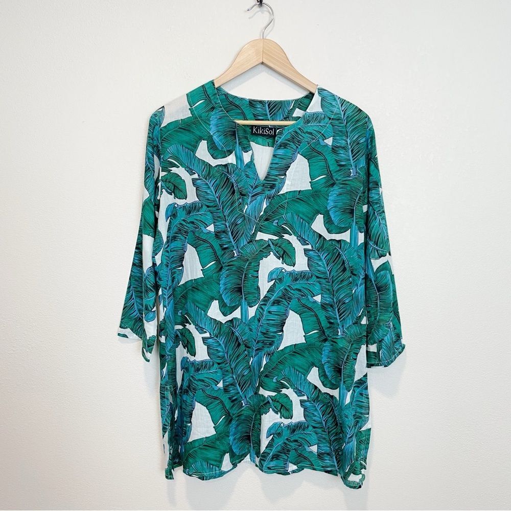 Kiki Sol Tropical Palm Leaf Cotton Lightweight Coverup Tunic Top Resortwear M